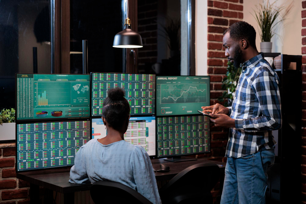 Market analytics displayed on screens